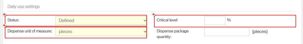 Daily use settings with (1) Status dropdown, (2) Dispense unit of measure, and (3) Critical level field