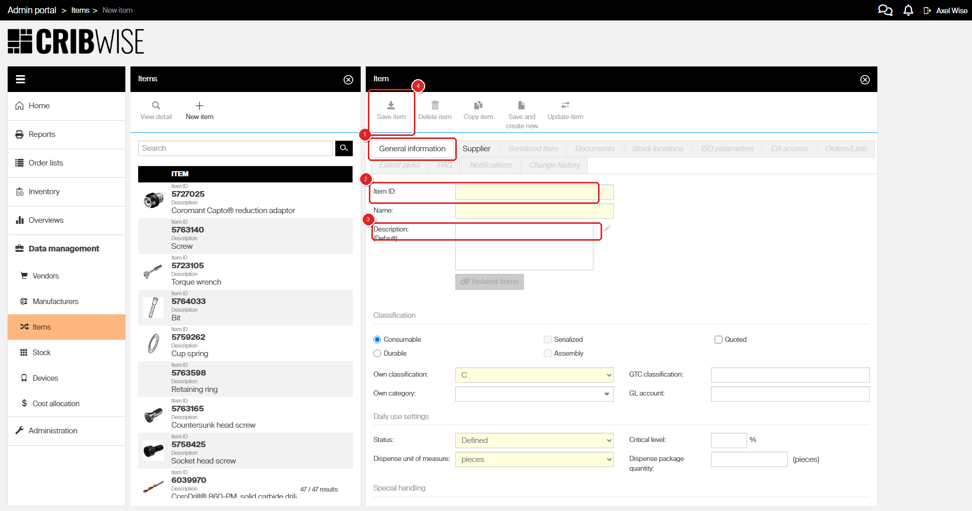 New item form with (1) General information tab, (2) Item ID field, (3) Description field, and (4) Save item button