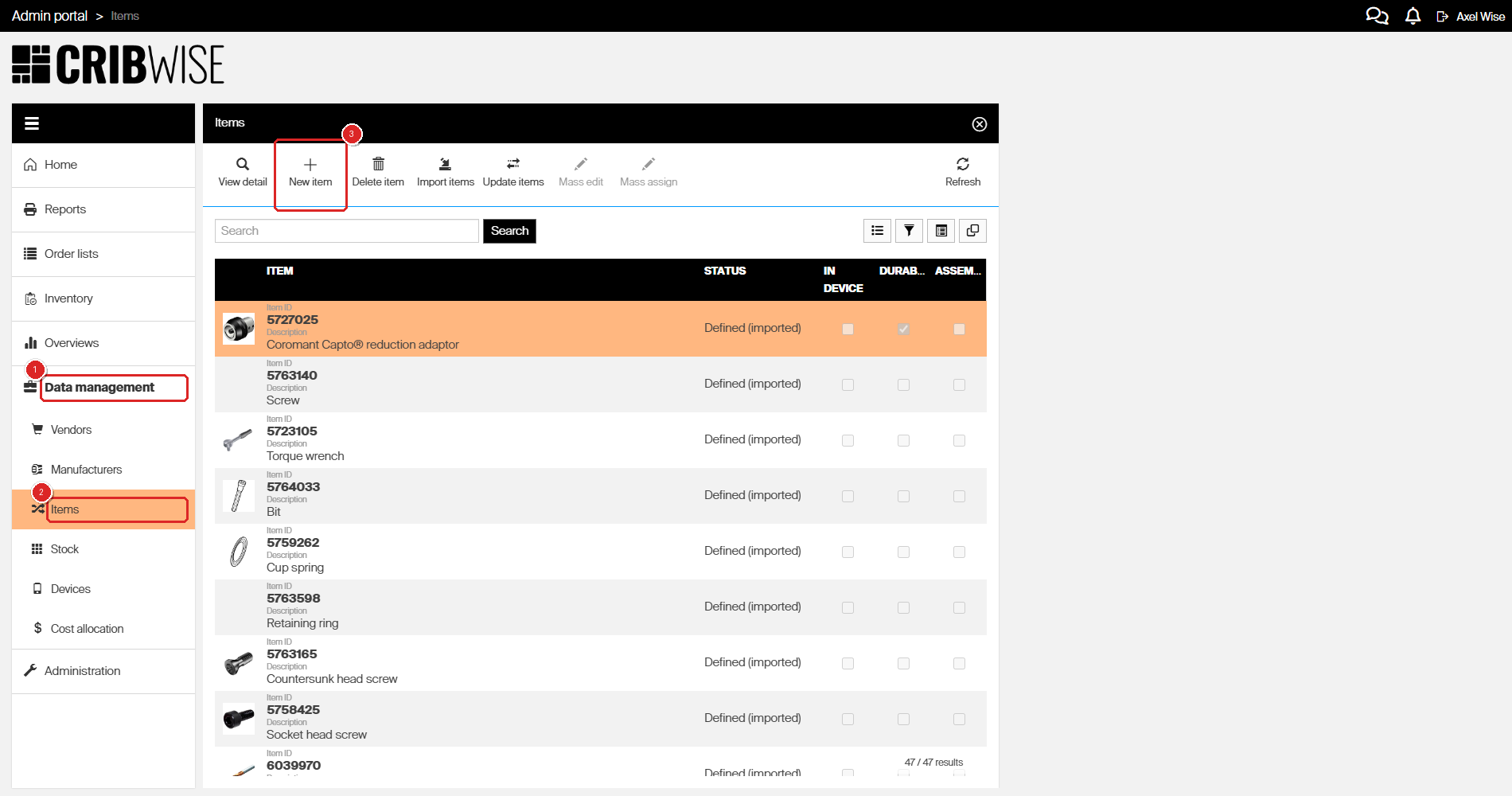 Admin Portal showing (1) Data management menu, (2) Items submenu, and (3) New item button in toolbar