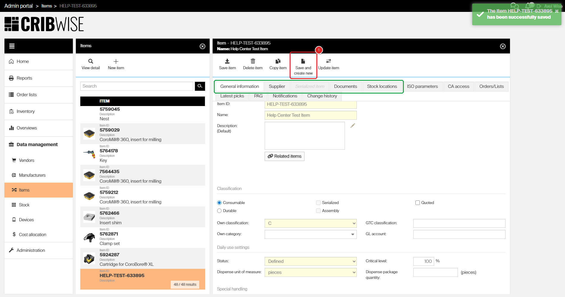 Successfully saved item showing all tabs now active with green highlight and (1) Save and create new button