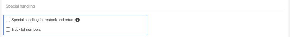 Special handling section with checkbox options highlighted