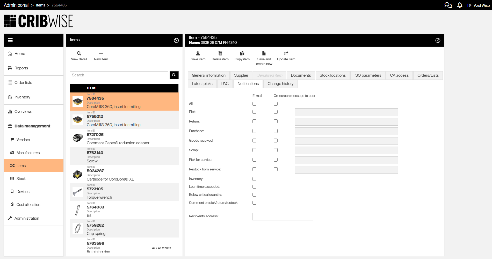 Item detail Notifications tab with checkboxes for email and on-screen notifications for each action