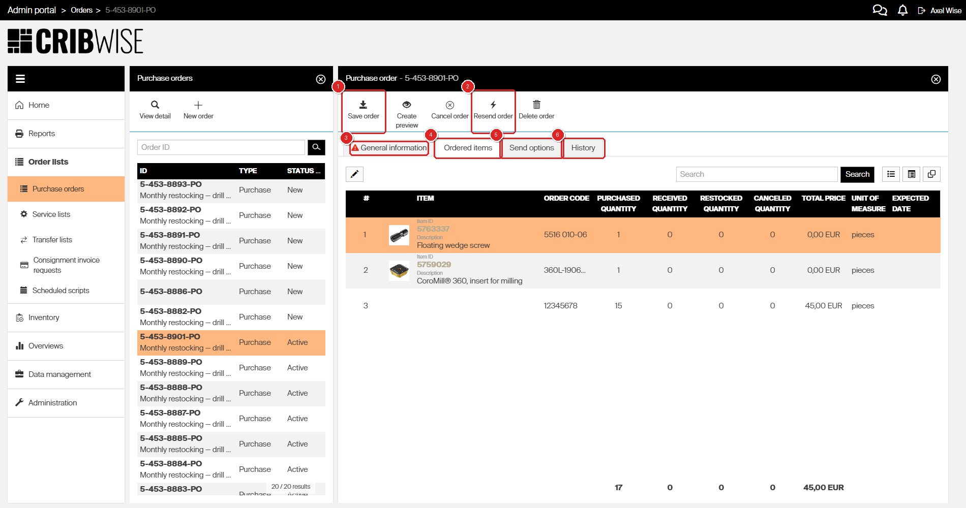 Split view with purchase order detail showing tabs and toolbar