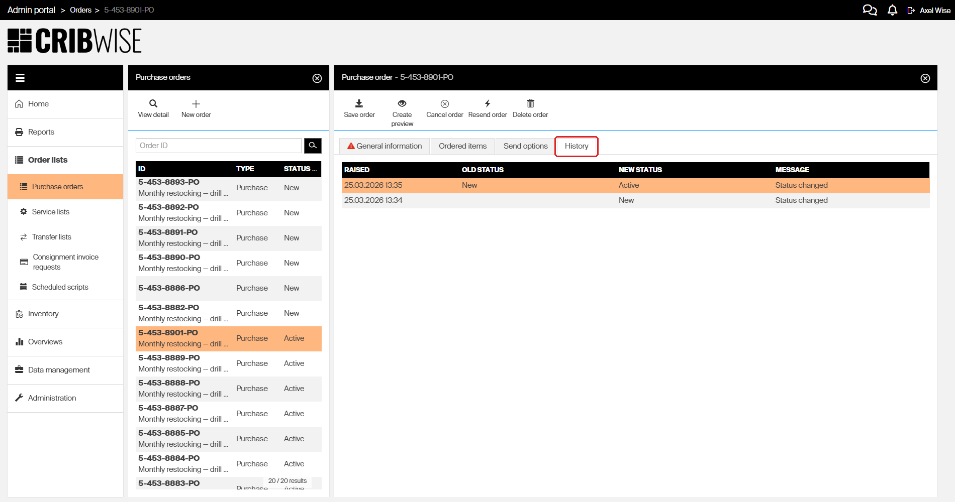 History tab showing order history log