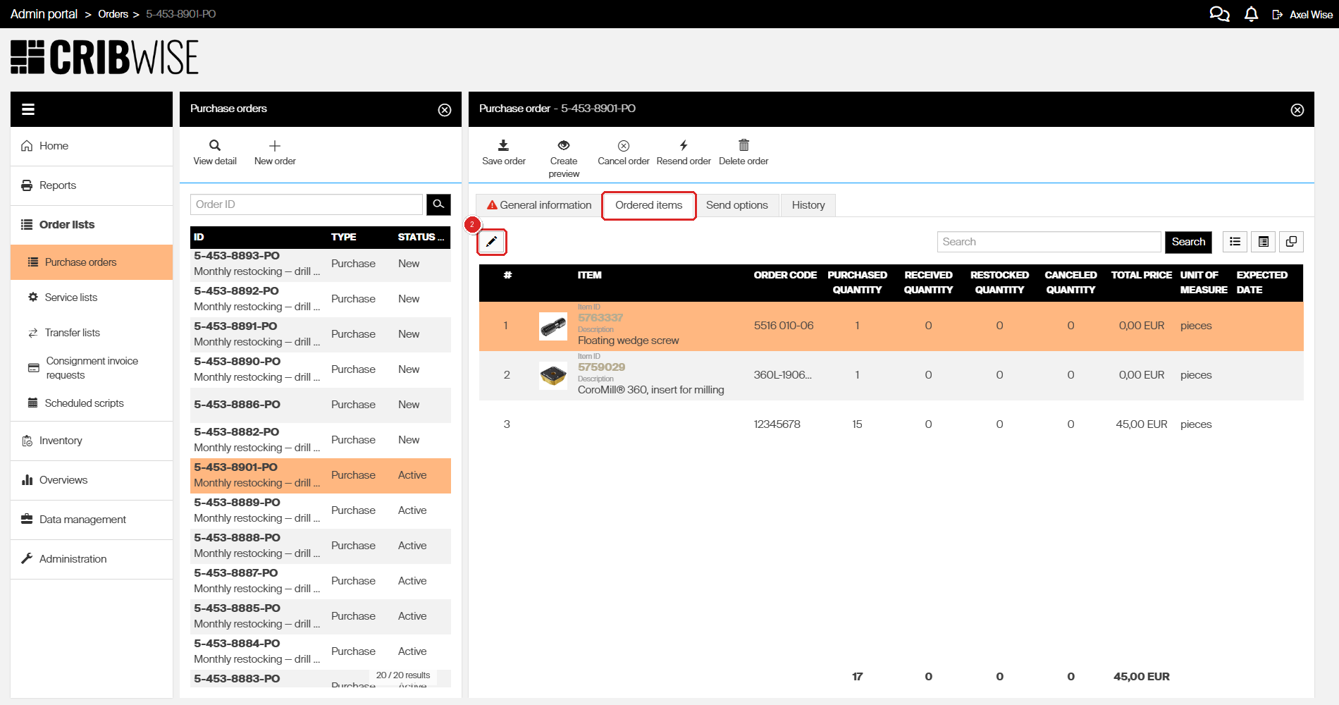 Ordered items tab with item grid and toolbar