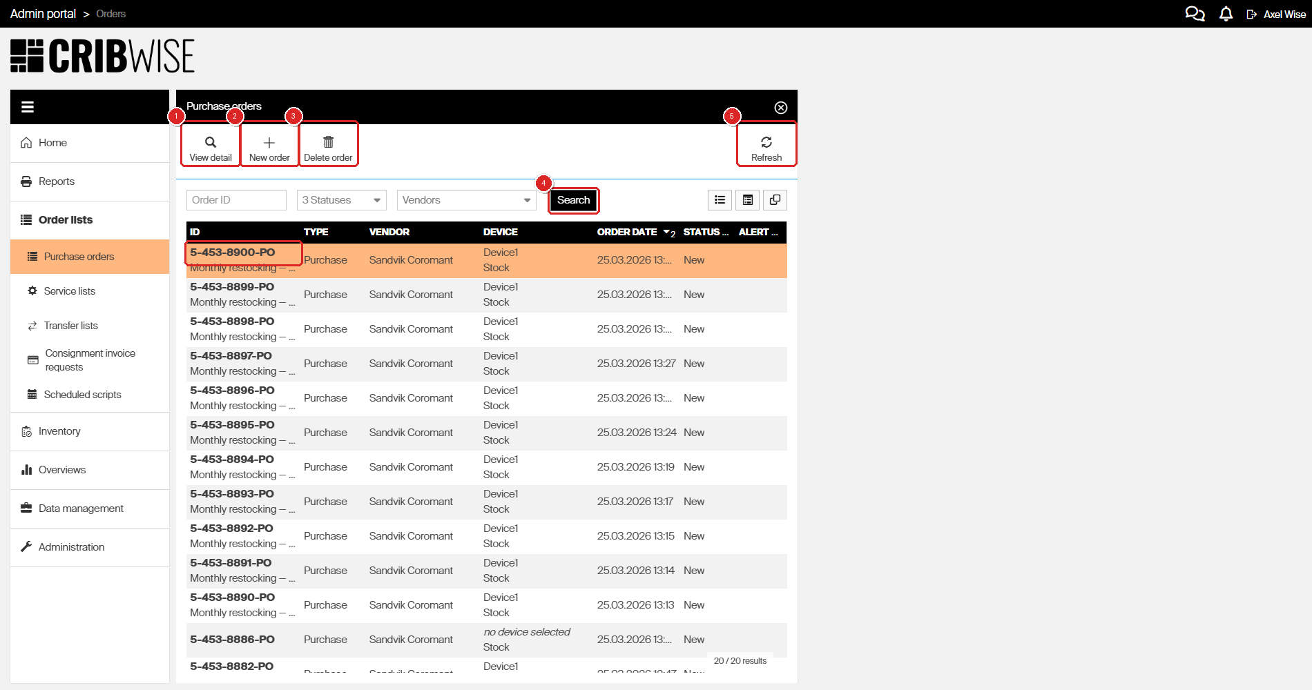 Purchase orders list showing toolbar buttons and list columns