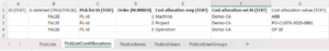 Picklistcostallocations tab in Excel showing the column headers