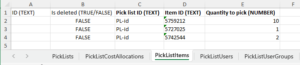Picklistitems tab in Excel showing item assignments