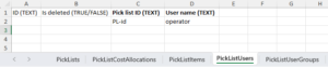 Picklistusers tab in Excel showing user restrictions