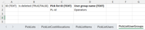 Picklistusergroups tab in Excel showing user group restrictions