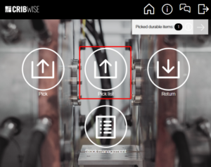 SFI main menu with the Pick list tile highlighted next to Pick, Return, and Stock management