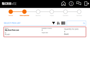 Select pick list screen listing the available pick lists with name, ID, quantity for pick, and availability in device
