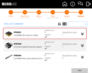Pick list summary screen showing every item in the list with its required quantity and current availability