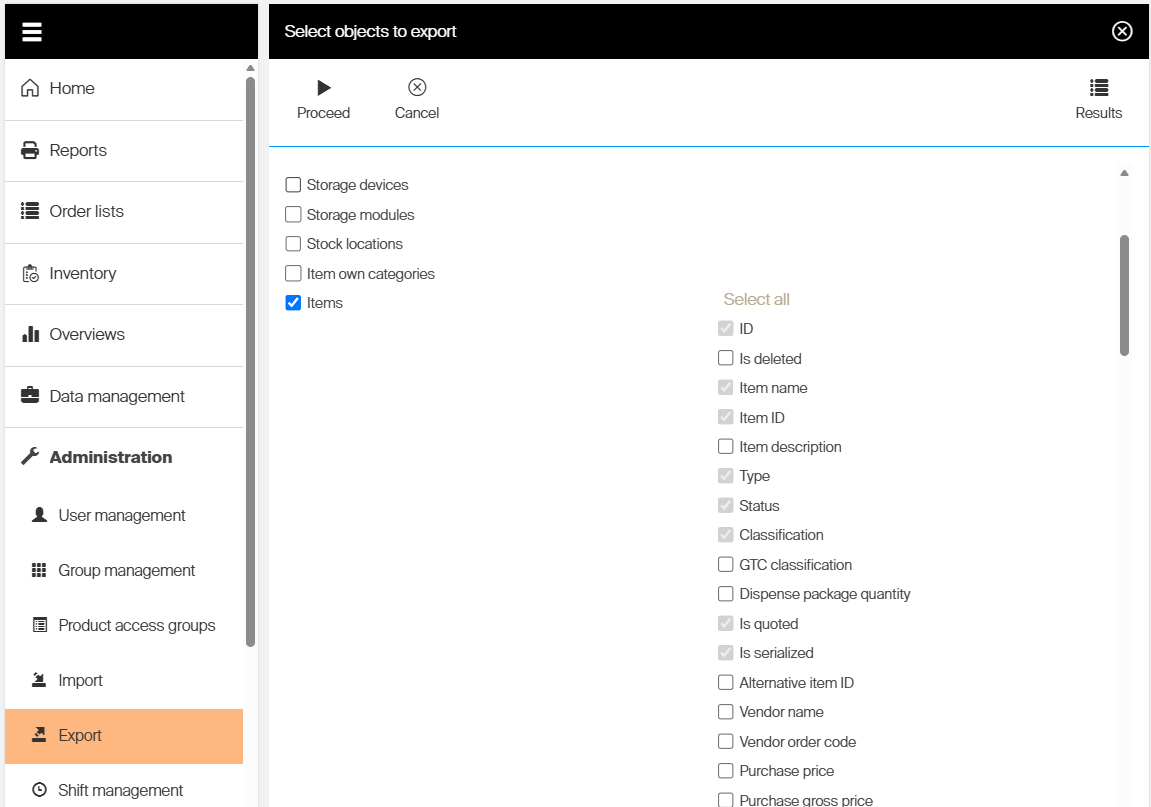 Export screen in the Admin Portal showing the list of objects to select for export