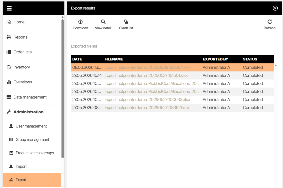 Export results list in the Admin Portal showing completed exports available for download
