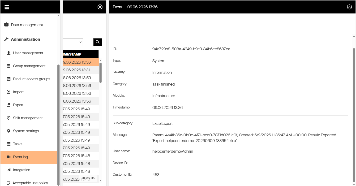 Event log in the Admin Portal filtered by user name and event type