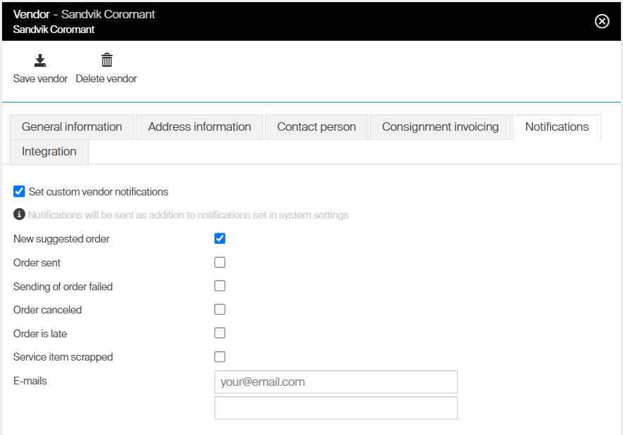 Notifications tab on a vendor in the Admin Portal showing purchasing event notifications