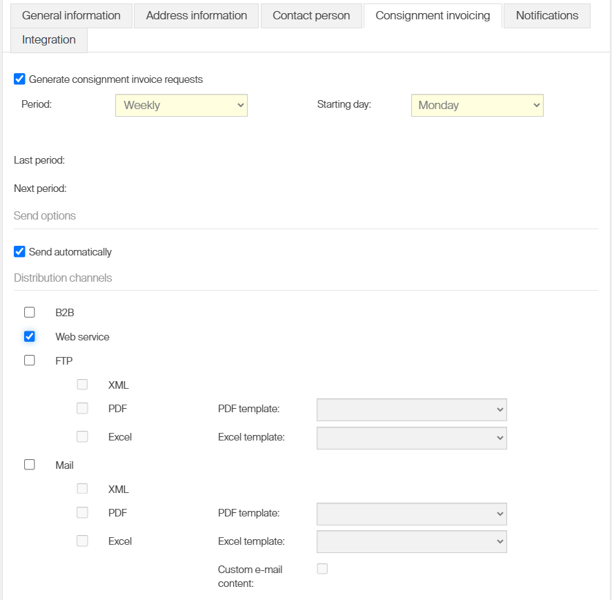 Consignment invoicing tab on a vendor in the Admin Portal