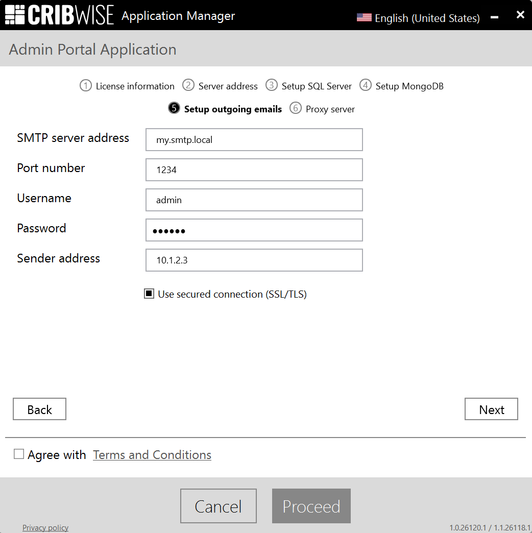 Application Manager SMTP configuration screen for outgoing emails with the secured connection option