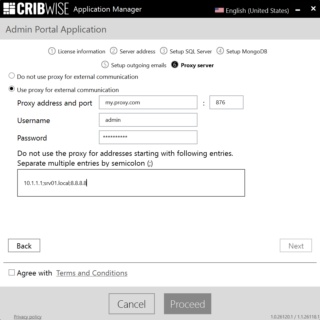 Application Manager proxy server configuration screen with server, credentials, and exclusion box