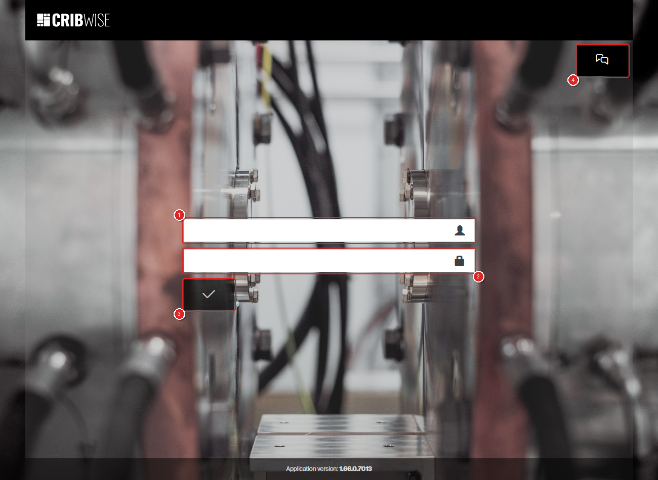 The cloud Shop Floor Interface login screen, with the user name field marked 1, the password field marked 2, the check-mark sign-in button marked 3 and the support button in the top right marked 4. The footer shows only the application version.