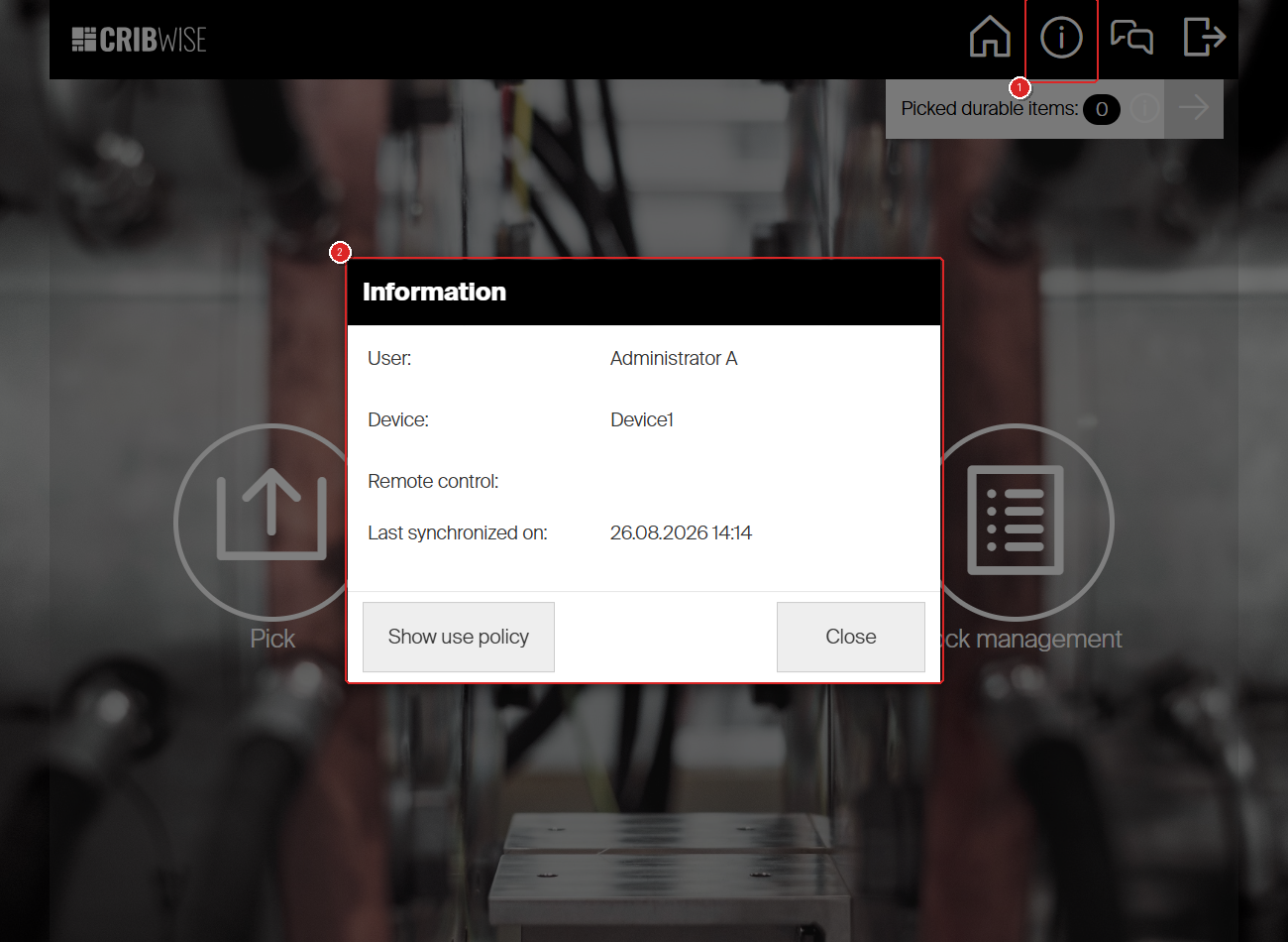 The Shop Floor Interface with the Device information button in the header marked 1 and the open Information dialog marked 2, listing User, Device, Remote control and Last synchronized on above the Show use policy and Close buttons.