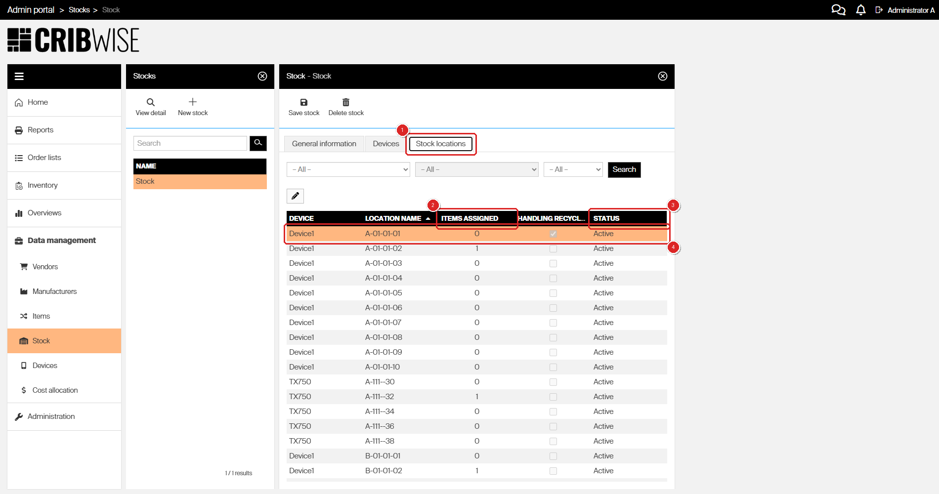 Stock locations tab of a stock in the CRIBWISE Admin Portal with the tab, the Items assigned and Status columns, and one location row highlighted