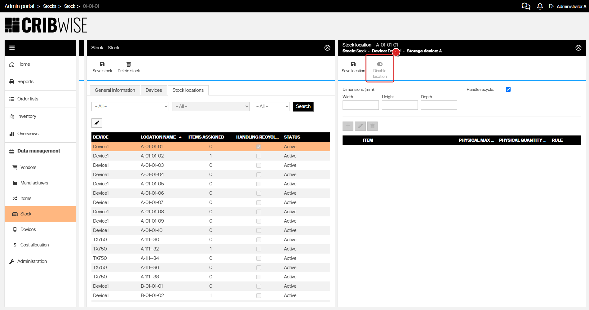 Stock location detail in the CRIBWISE Admin Portal with the Disable location button greyed out because the device is online and not locked