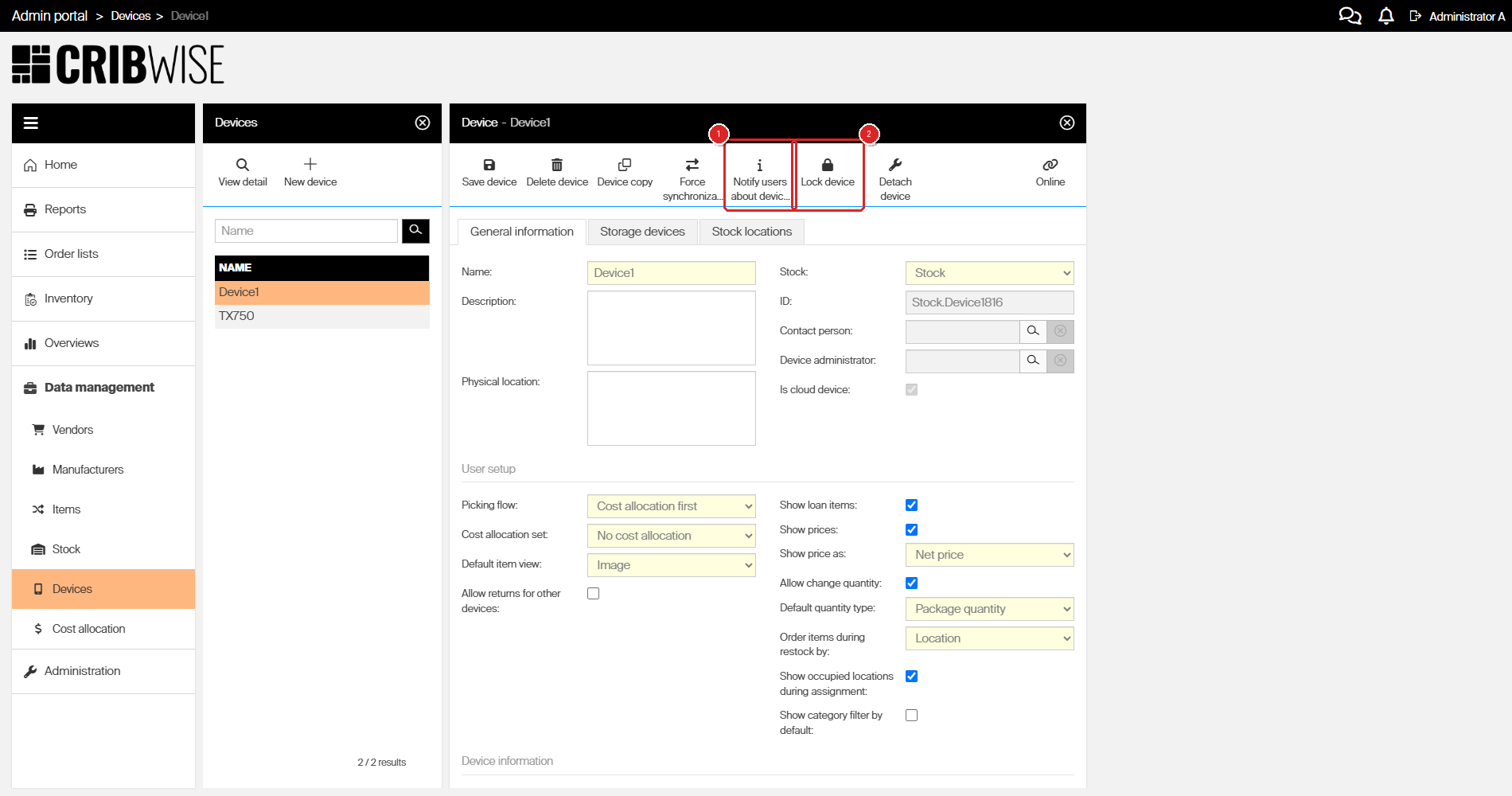Device detail in the CRIBWISE Admin Portal with the Notify users about device lock and Lock device buttons highlighted in the toolbar