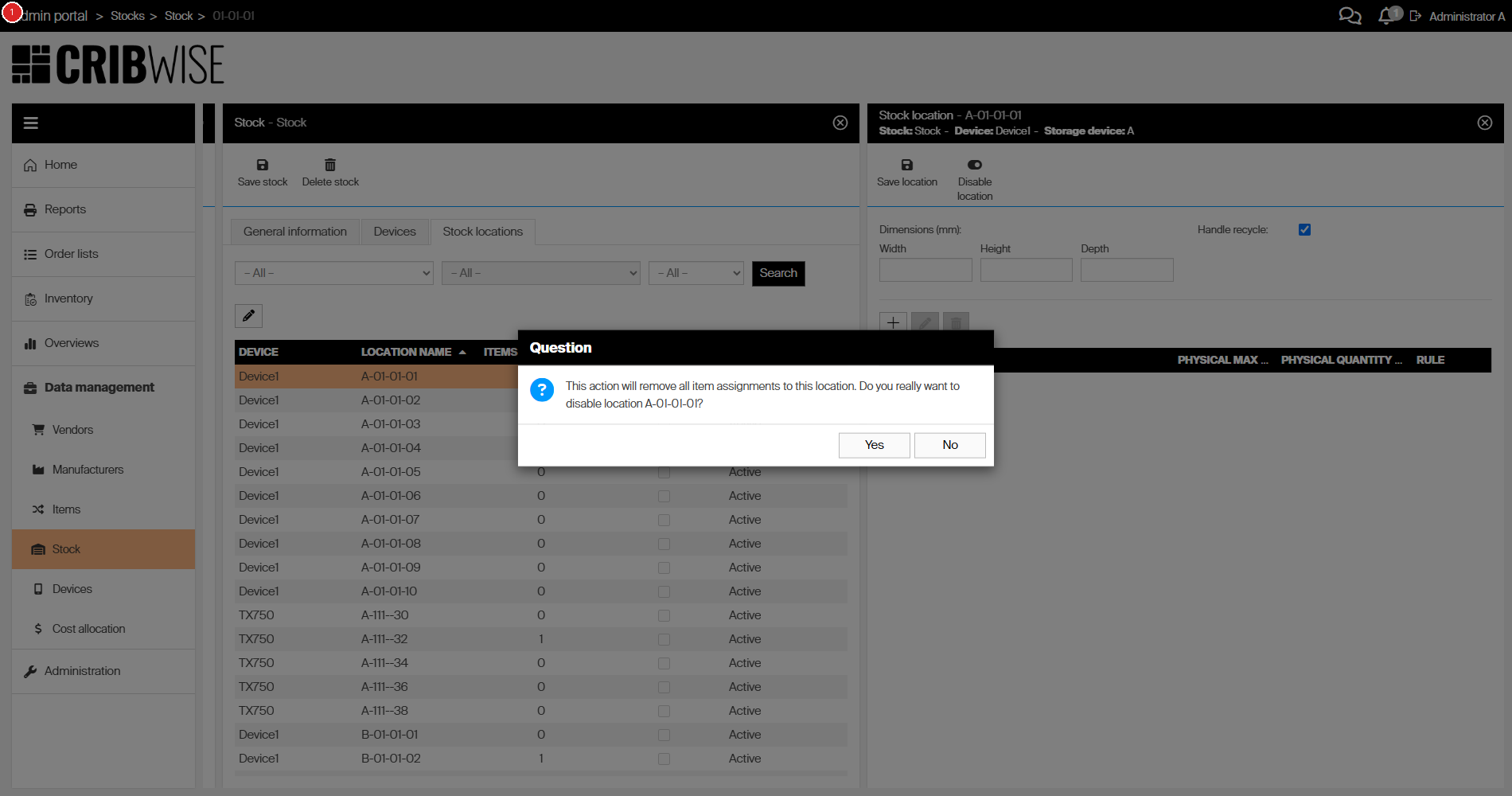 Confirmation dialog in the CRIBWISE Admin Portal warning that disabling the location will remove all item assignments, with Yes and No buttons