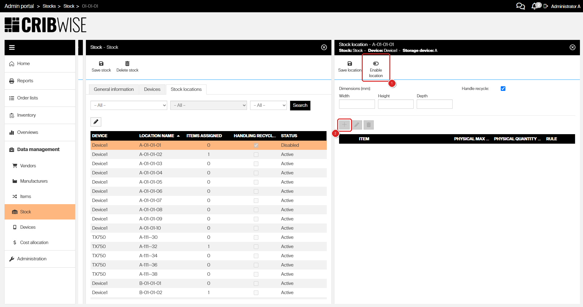 Disabled stock location in the CRIBWISE Admin Portal showing Enable location in the option bar, greyed-out assignment buttons, and Status Disabled in the list
