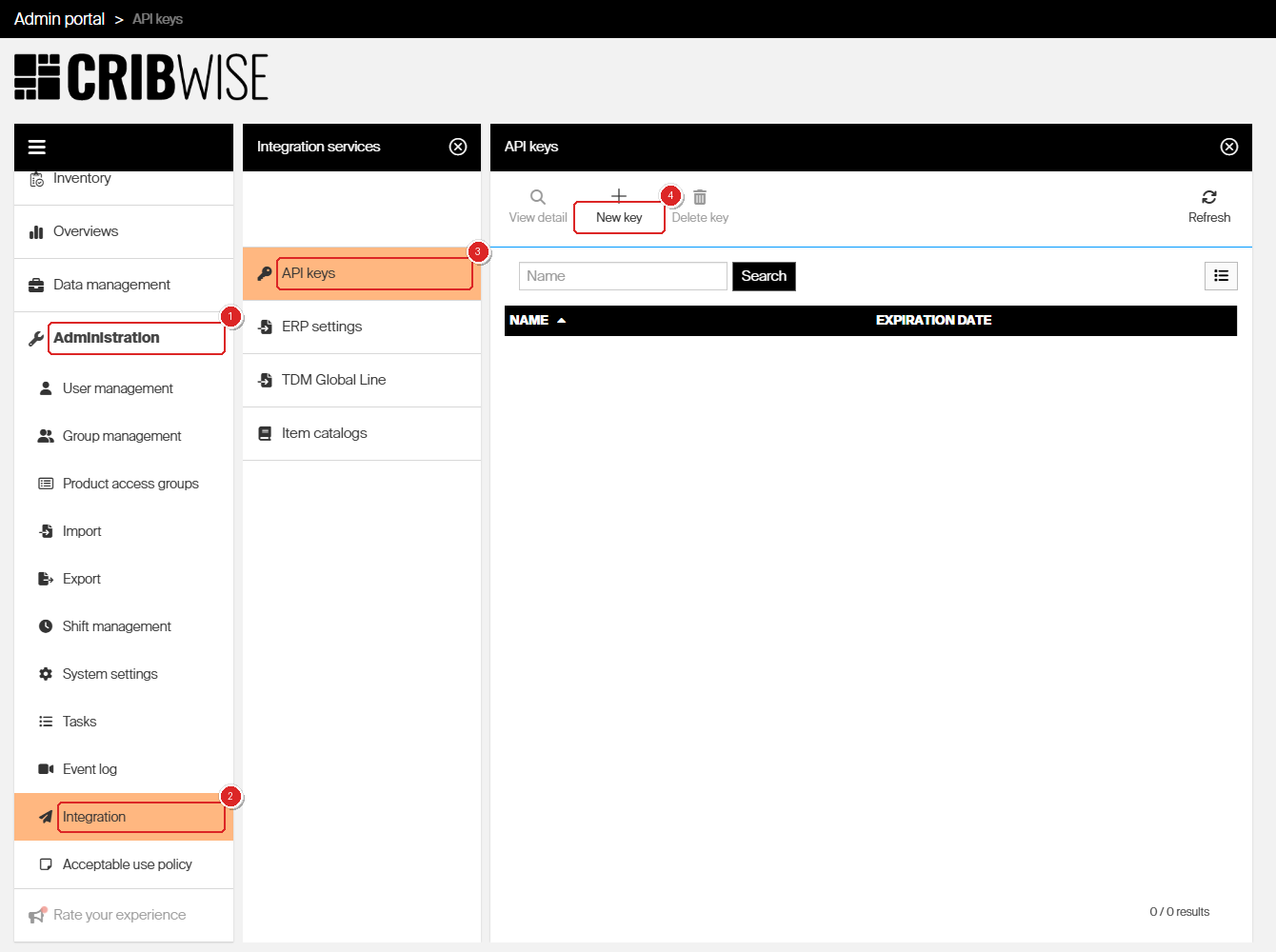 The CRIBWISE Admin Portal with red callouts numbered 1 to 4 marking Administration in the left menu, Integration below it, API keys in the Integration services pane, and the New key button in the API keys toolbar.