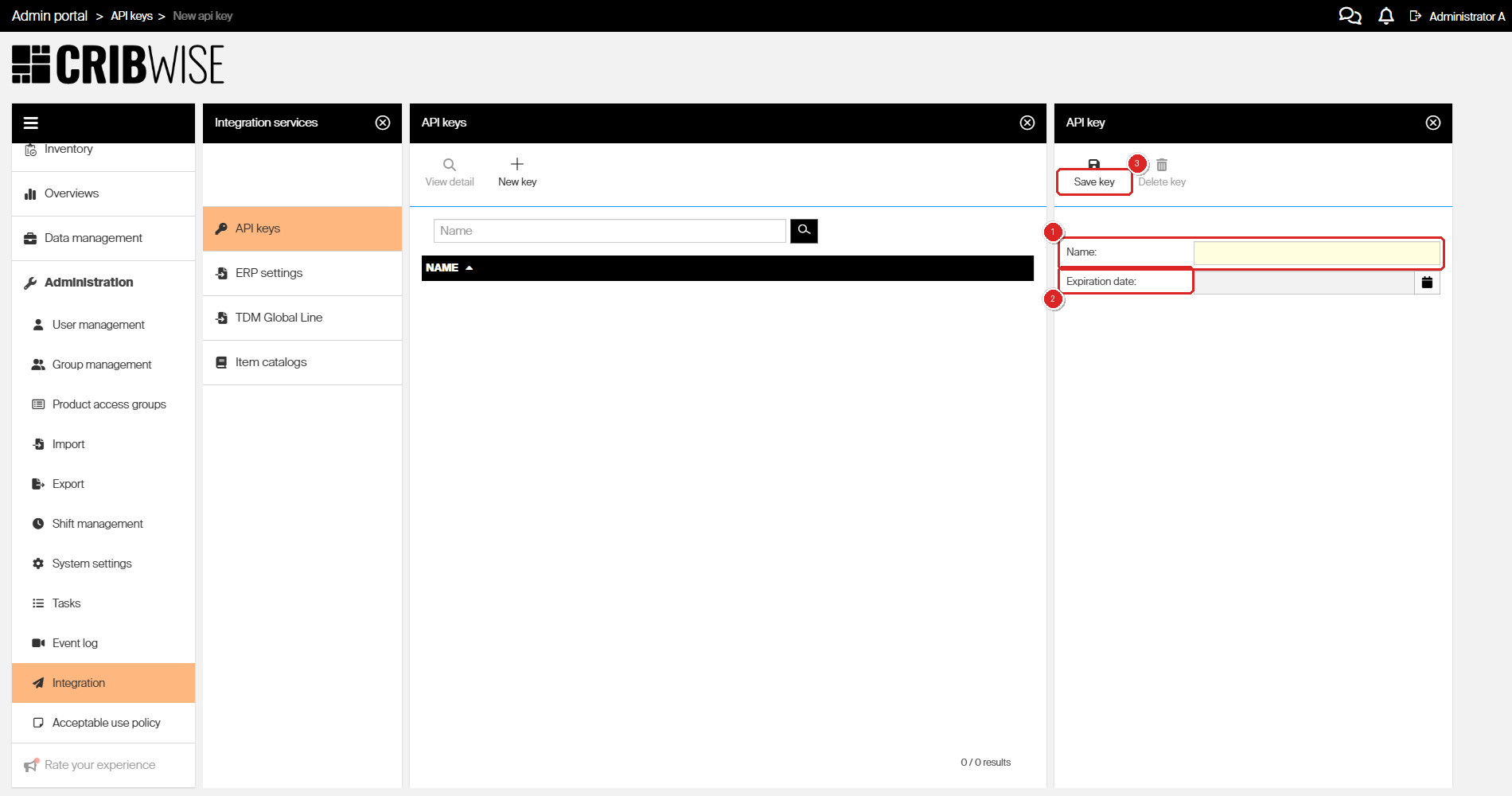 The API key detail pane in the CRIBWISE Admin Portal with red callouts numbered 1 to 3 marking the empty Name field, the Expiration date field, and the Save key button.