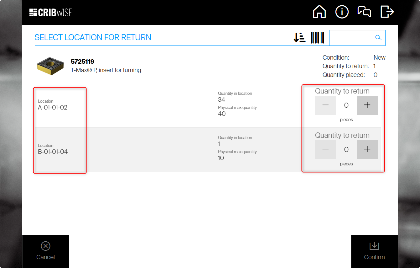 The Select location for return screen in the CRIBWISE Shop Floor Interface for item 5725119, with red boxes around the two candidate locations A-01-01-02 and B-01-01-04 and around their Quantity to return selectors