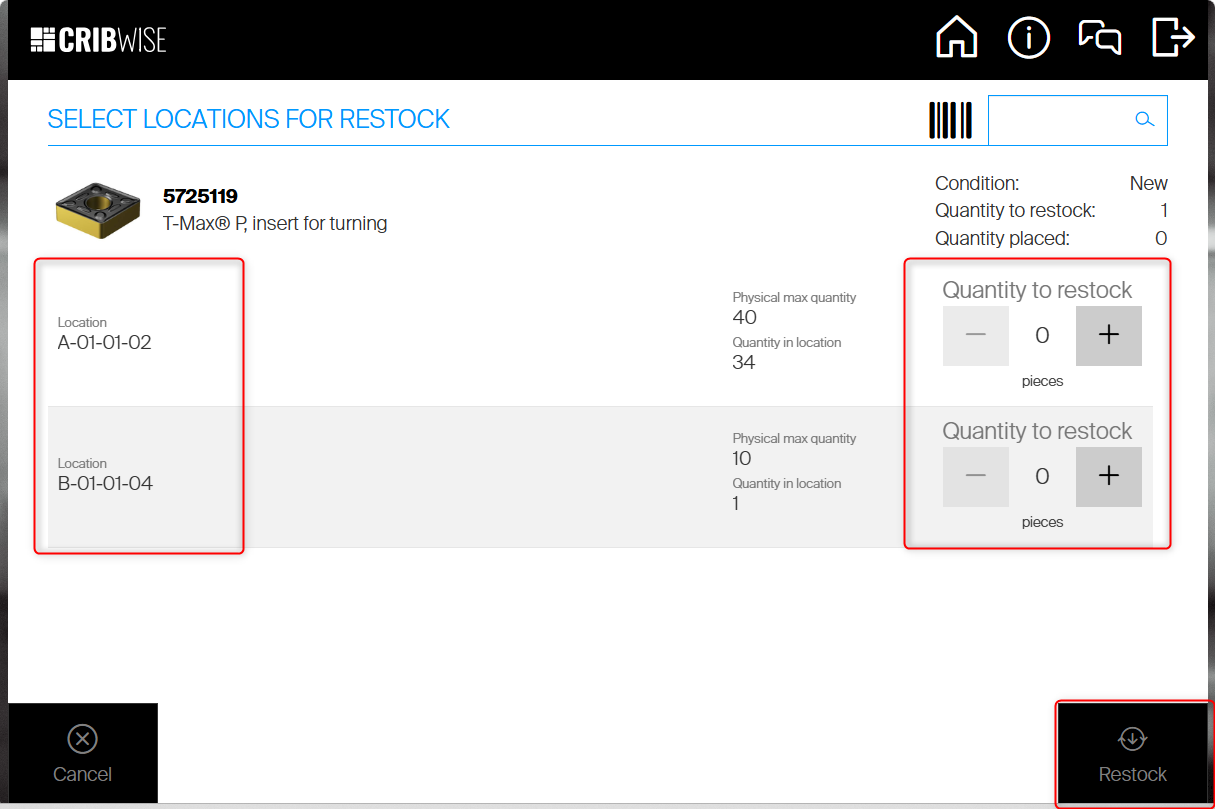 The Select locations for restock screen in the CRIBWISE Shop Floor Interface for item 5725119, with red boxes around the two locations A-01-01-02 and B-01-01-04, their Quantity to restock selectors, and the Restock button