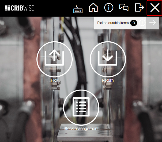 Shop Floor Interface home screen with the close (X) icon highlighted in the top bar