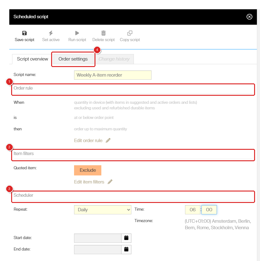 The Script overview tab of a custom purchase script, with the Order rule marked 1, Item filters 2, Scheduler 3 and the Order settings tab 4.