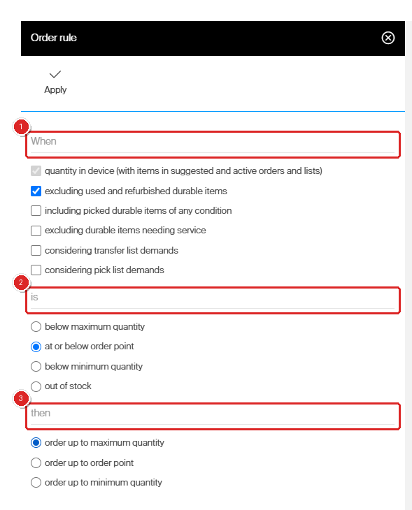 The Order rule panel of a custom purchase script, with the When checkboxes marked 1, the is options 2 and the then options 3.