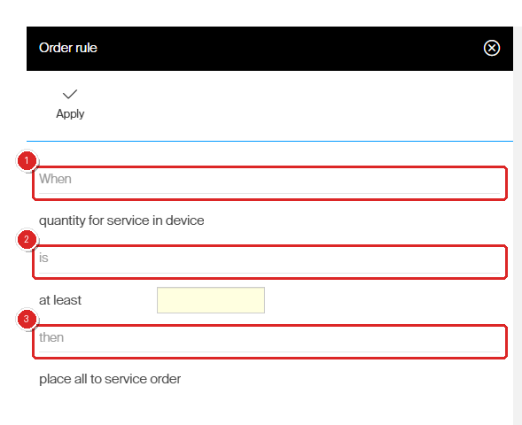 The Order rule panel of a custom service script: When quantity for service in device marked 1, is at least a number 2, then place all to service order 3.
