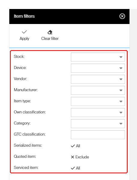 The Item filters panel listing Stock, Device, Vendor, Manufacturer, Item type, Own classification, Category, GTC classification, Serialized items, Quoted item and Serviced item.