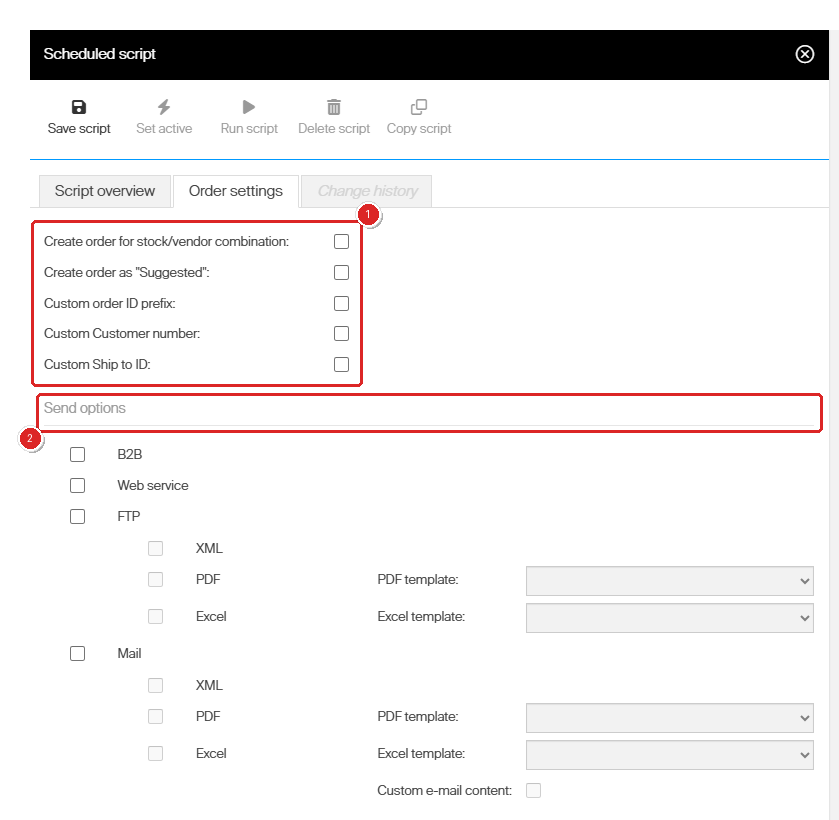 The Order settings tab with the five order options marked 1 and the Send options section marked 2.