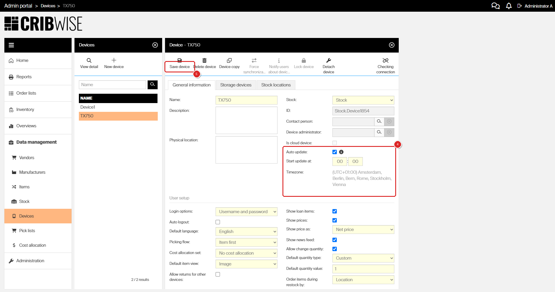 Admin Portal device detail showing the Auto update checkbox, Start update at time and Save device