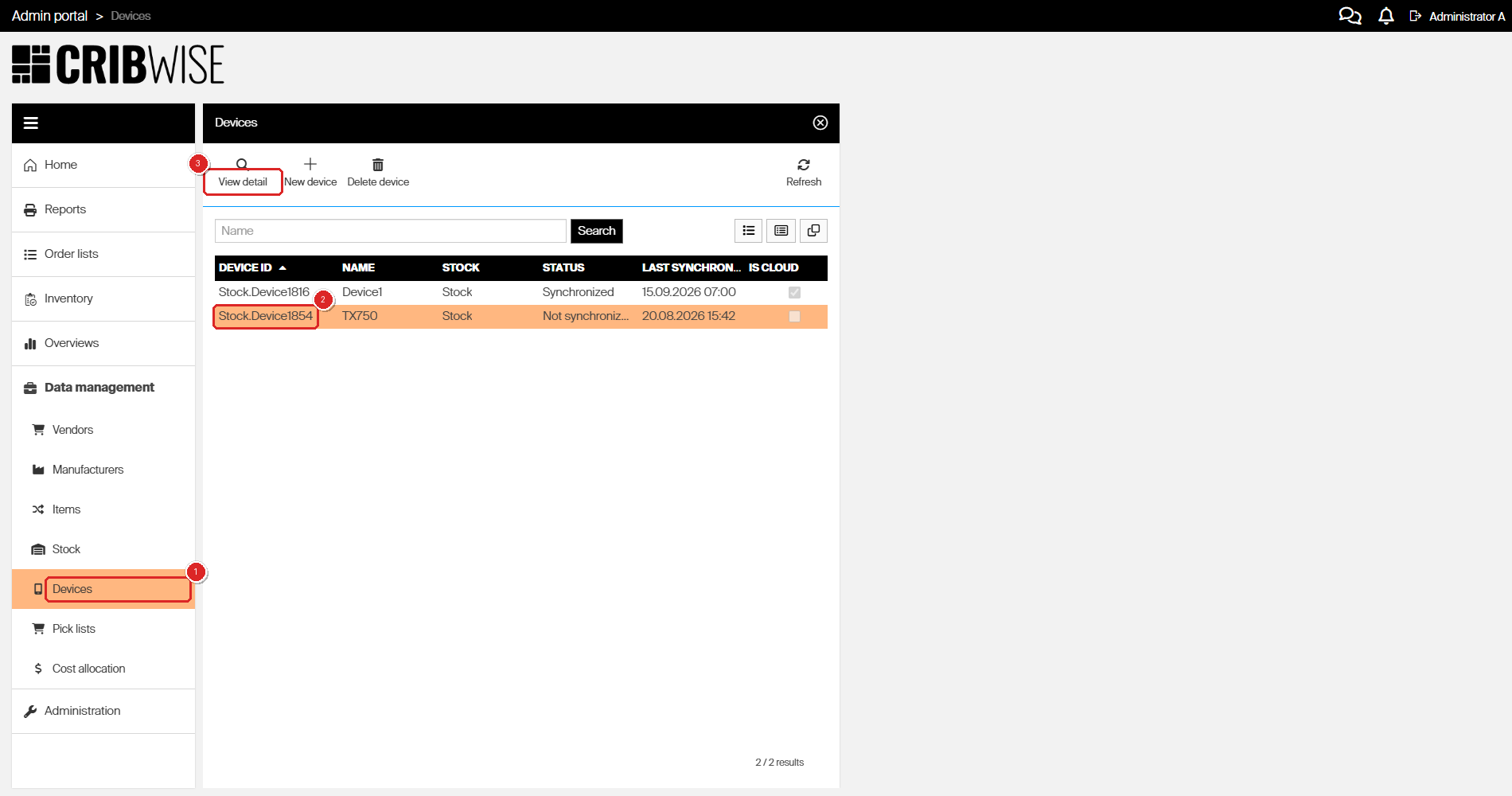 Admin Portal Data management Devices list with the Devices menu item, a device row and View detail highlighted