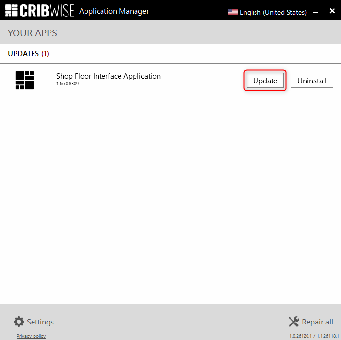 Application Manager listing Shop Floor Interface Application with the Update button highlighted