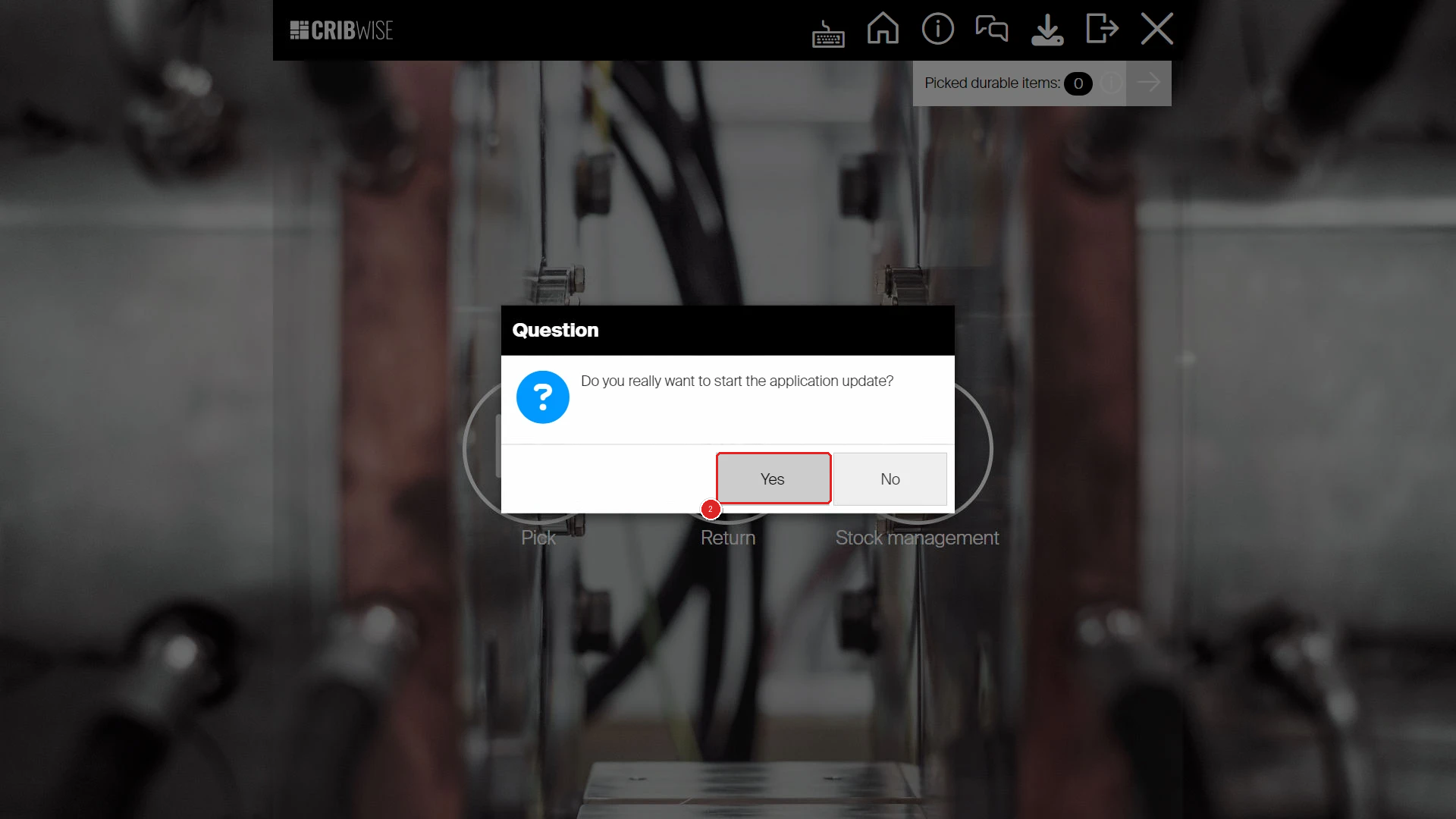 Question dialogue asking Do you really want to start the application update, with Yes highlighted