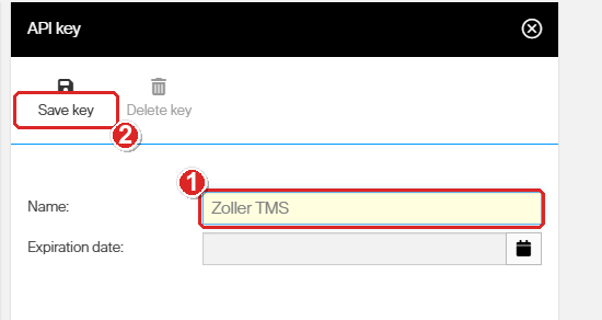 The API key detail pane in the CRIBWISE Admin Portal with red callout 1 marking the Name field filled in with Zoller TMS and red callout 2 marking the Save key button. The Expiration date field below the name is empty.