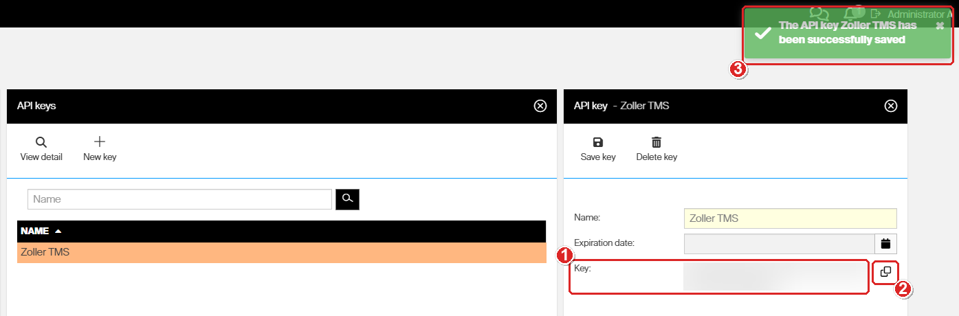 The saved Zoller TMS API key with red callouts numbered 1 to 3 marking the Key field with its value blurred out, the Copy to clipboard button beside it, and the green confirmation message reading The API key Zoller TMS has been successfully saved.