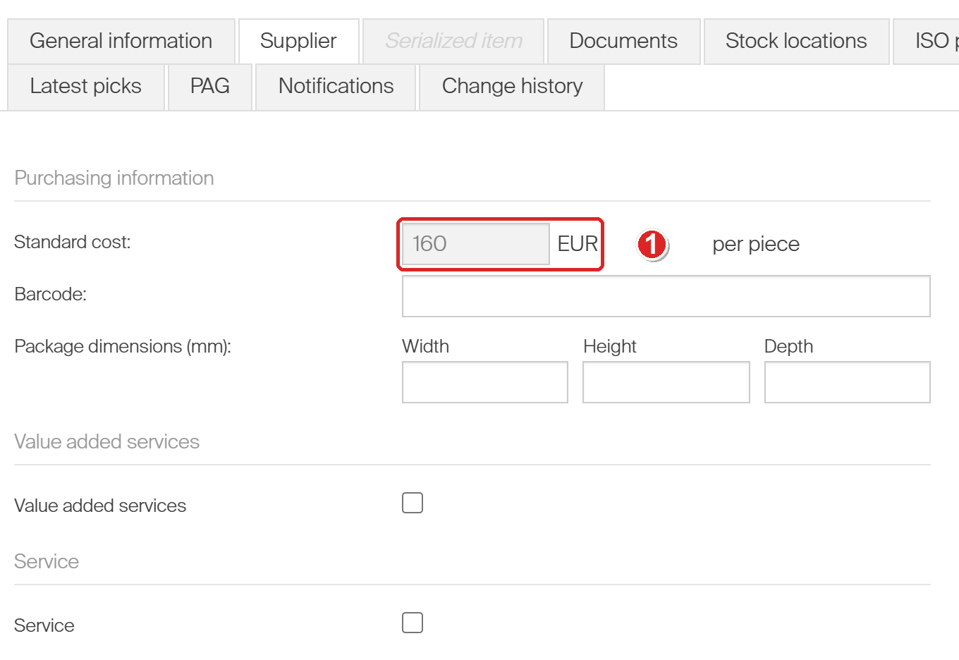 The Supplier tab of assembly DEMO-ASM-03 in the CRIBWISE Admin Portal. The read-only Standard cost field showing 160 EUR is outlined in red and numbered 1. There are no vendor, order code or purchase price fields; below it are only Barcode, Package dimensions, Value added services and Service.