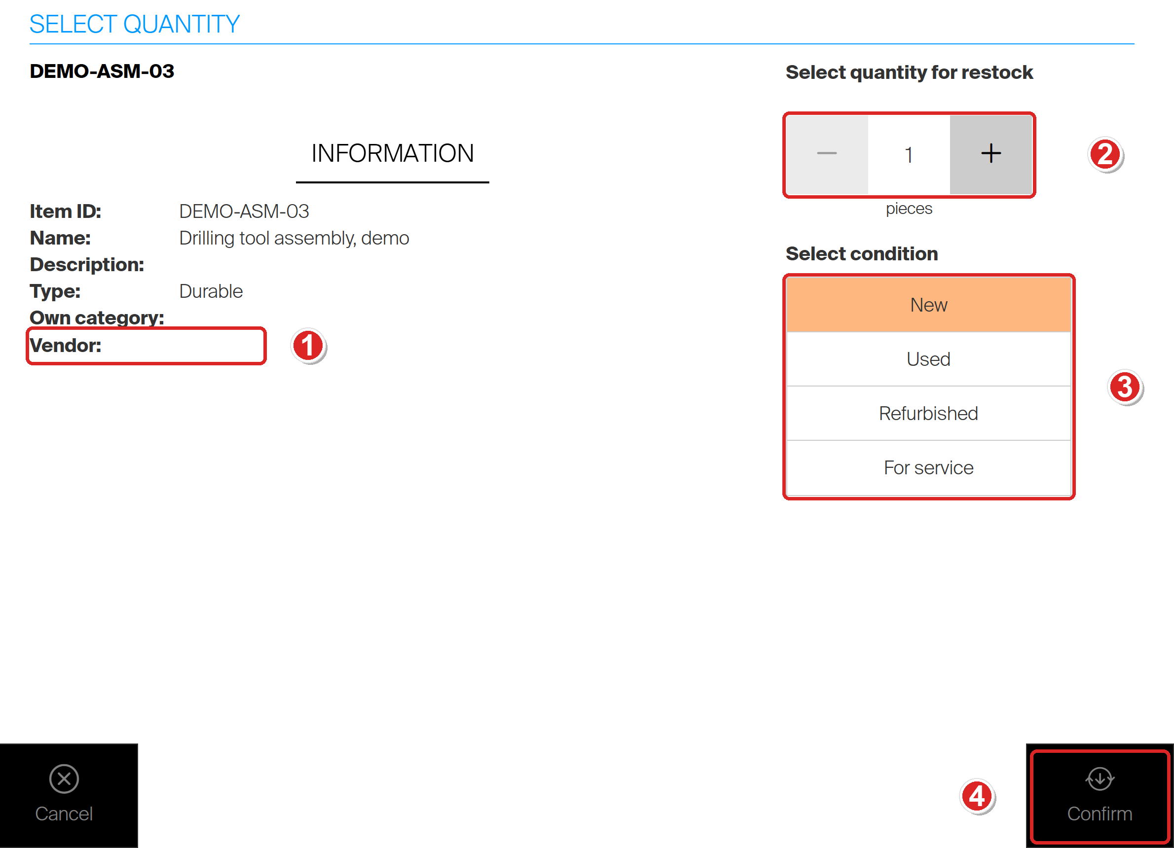 The Select quantity screen for restocking assembly DEMO-ASM-03 without an order on the CRIBWISE Shop Floor Interface, with four areas outlined in red and numbered. One, the empty Vendor field. Two, the quantity control set to 1 piece. Three, the condition choices New, Used, Refurbished and For service. Four, the Confirm button.